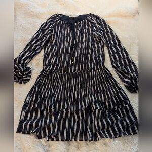 Michael Kors Navy and White Dress Smaocked Waist. See through sheer sleeves sz.M